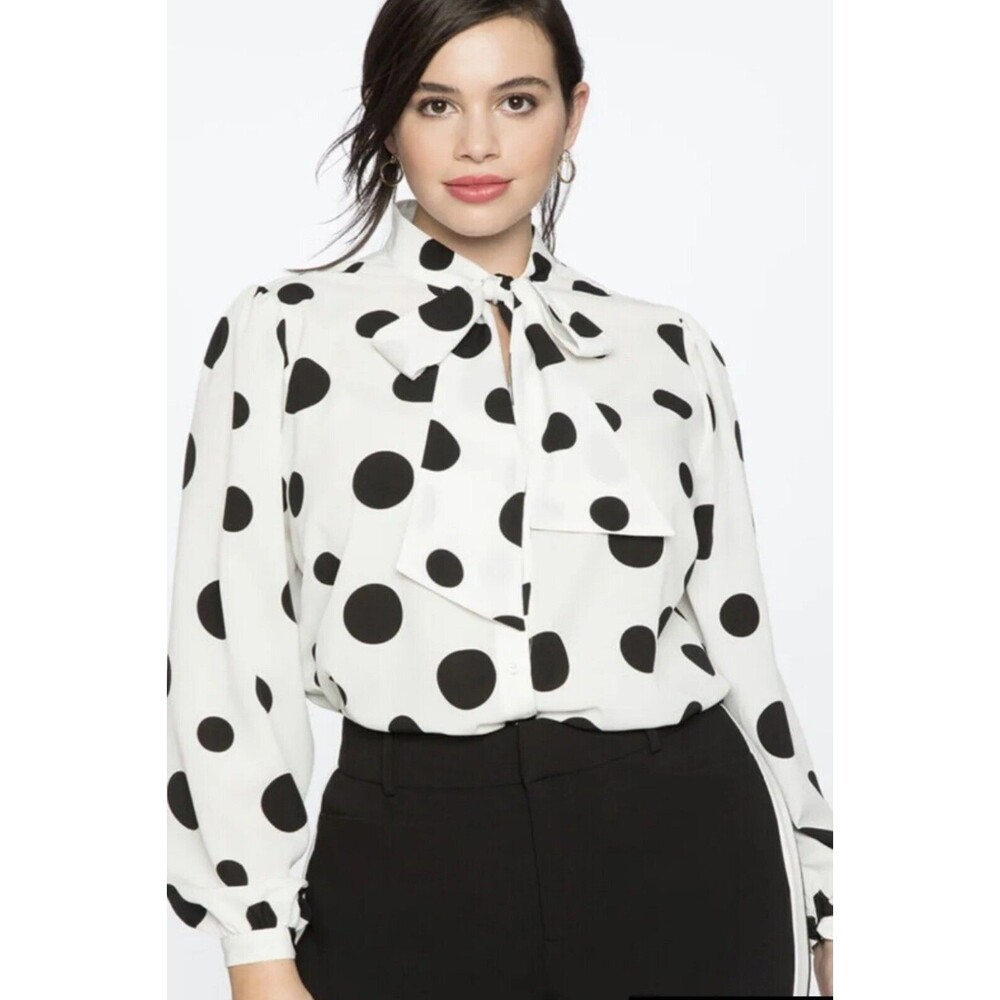 Eloquii Tie Neck‎ White Black Polka Dot Blouse; 18